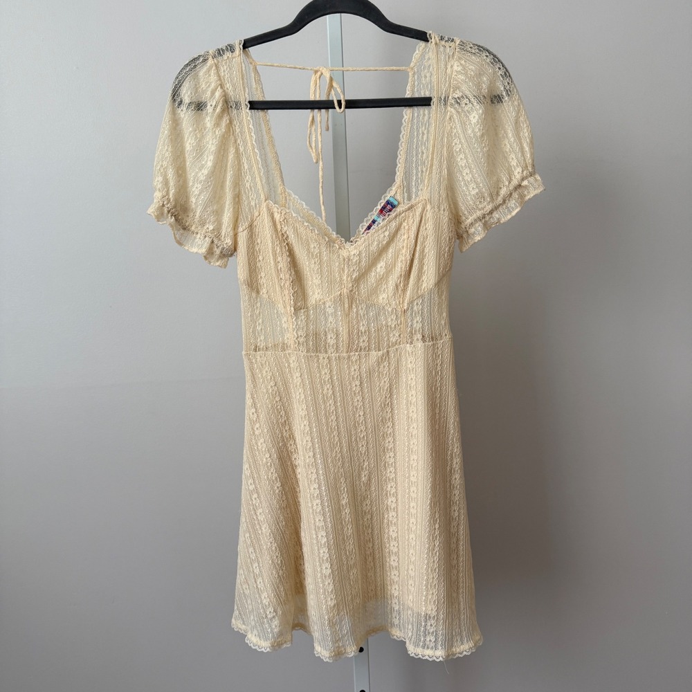 Urban Outfitters sz S‎ Cream Floral Lace Puff Sleeve Mini Dress Cottage Fairy